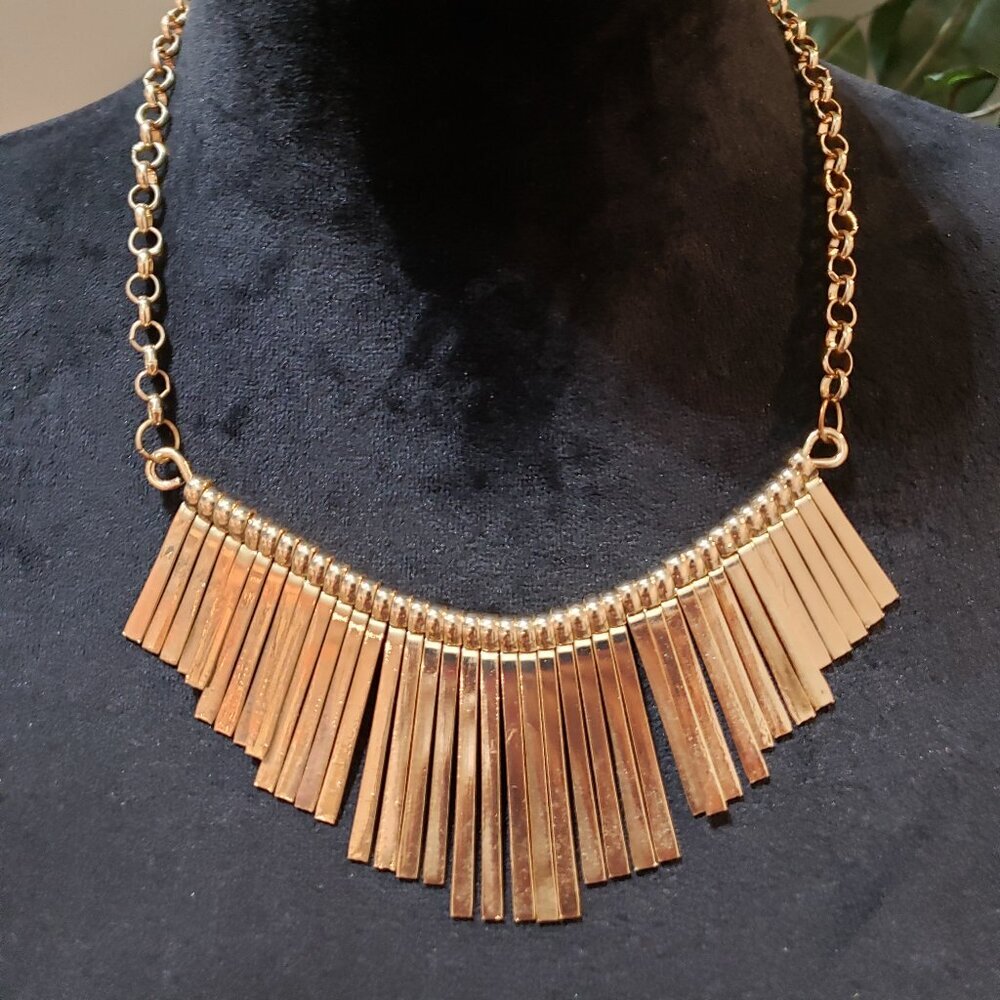 Womens Fashion Gold Strip Fringe Collar Bib Statement Necklace with Lobster Clas